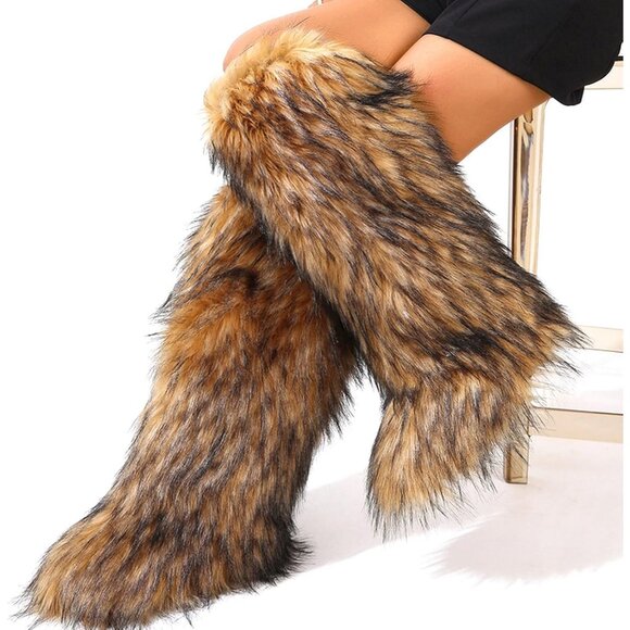 Women’s Faux Fur Knee High Boots - Fuzzy Fluffy Winter Long Snow Boots for Girls - Picture 8 of 8